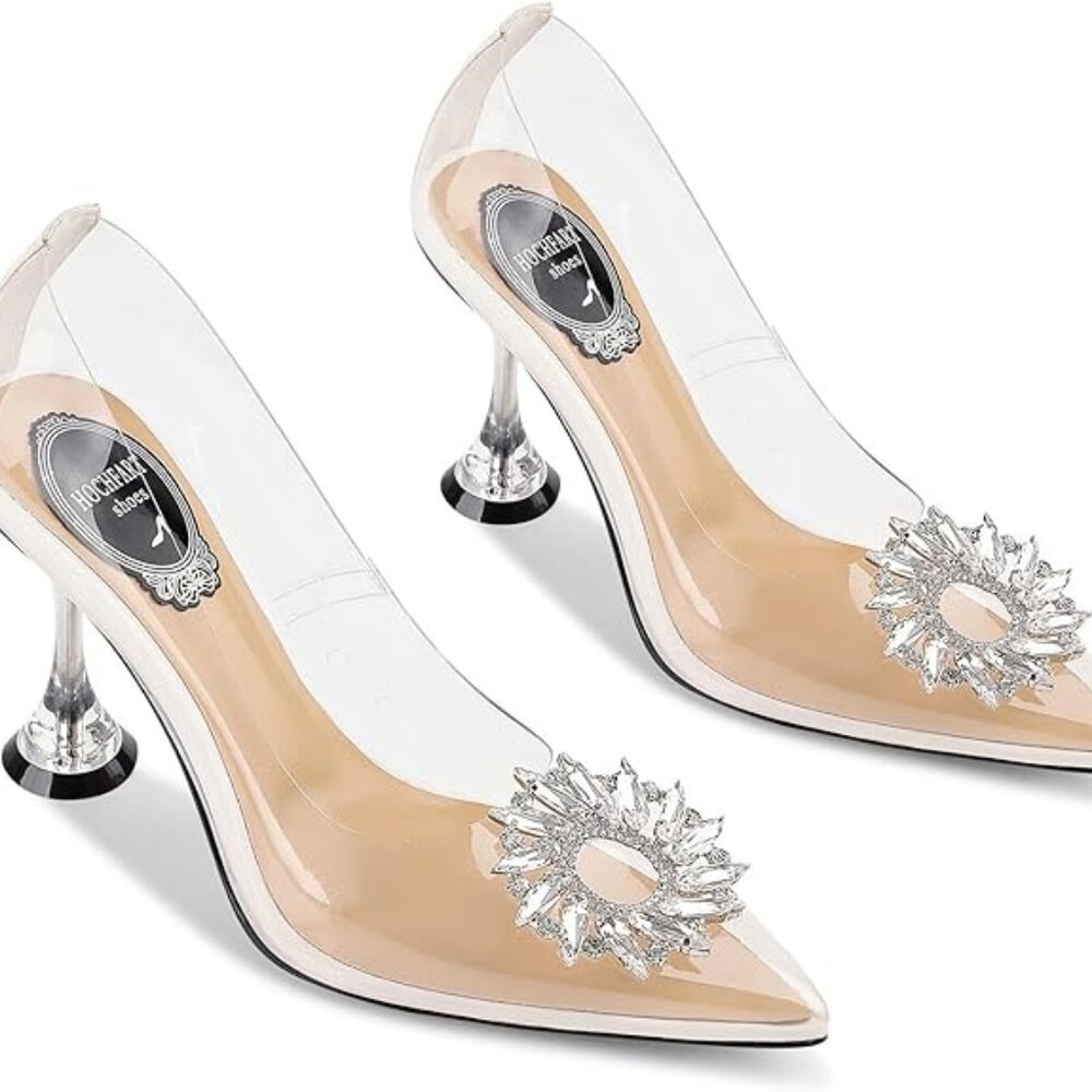 NIB. Clear Rhinestone Heels. White. Size 8.